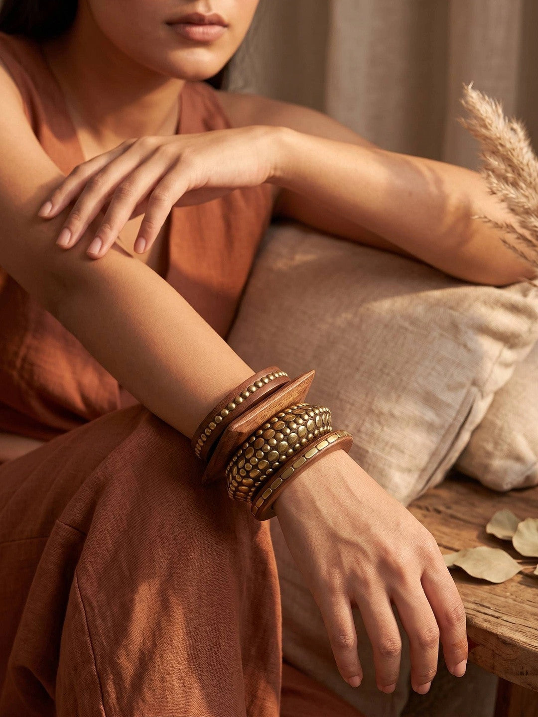 Brass-Studded Wood & Metal Bangle Set of 4
