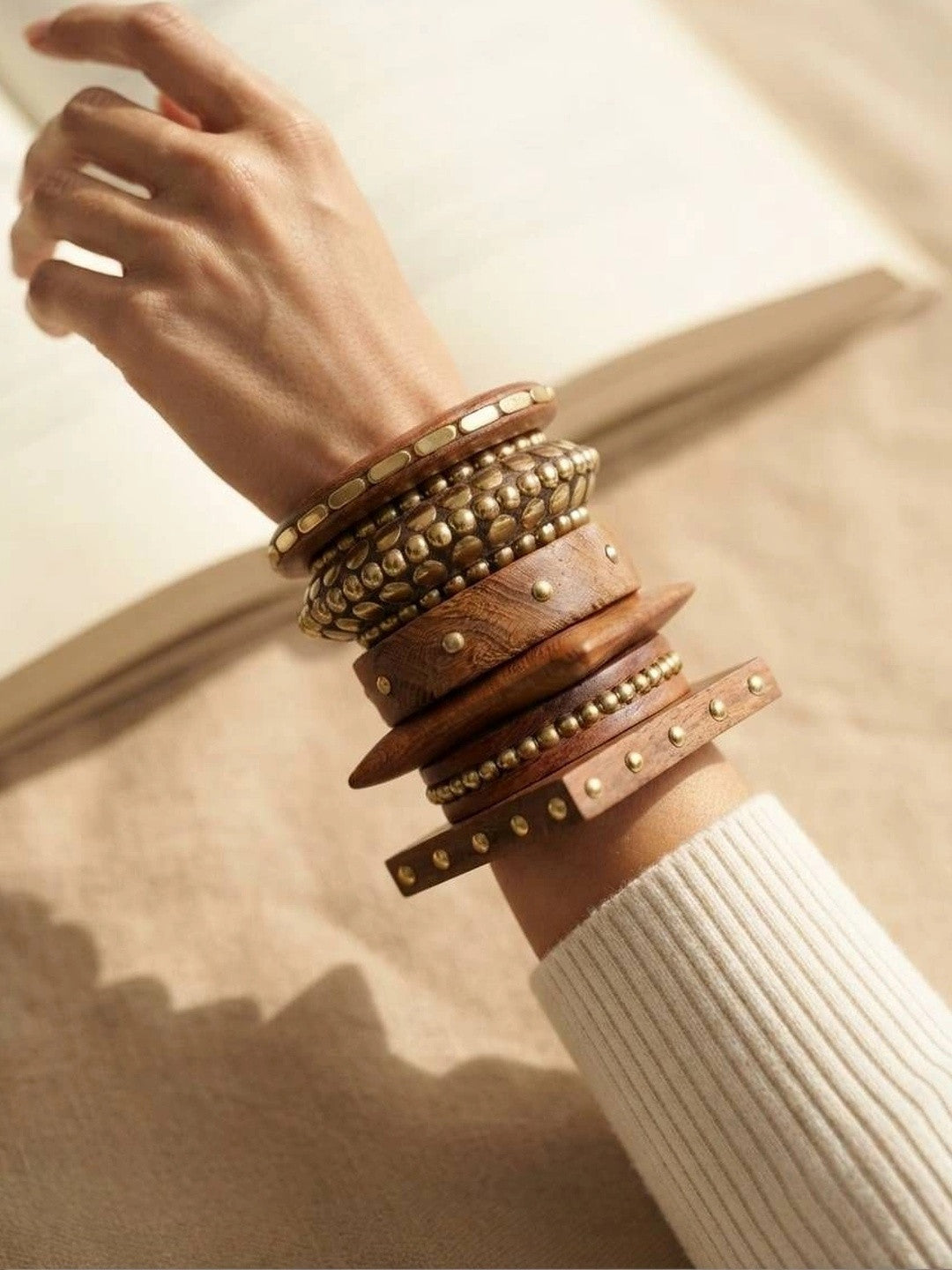 Brass-Studded Wooden Bangles for Women Set of 6