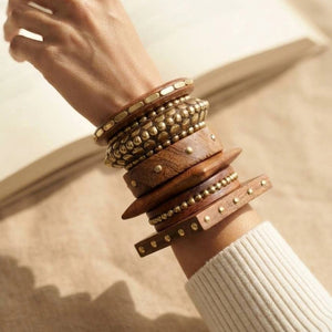 Brass-Studded Wooden Bangles for Women Set of 6