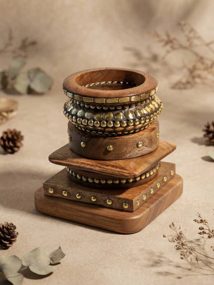 Brass-Studded Wooden Bangles for Women Set of 6