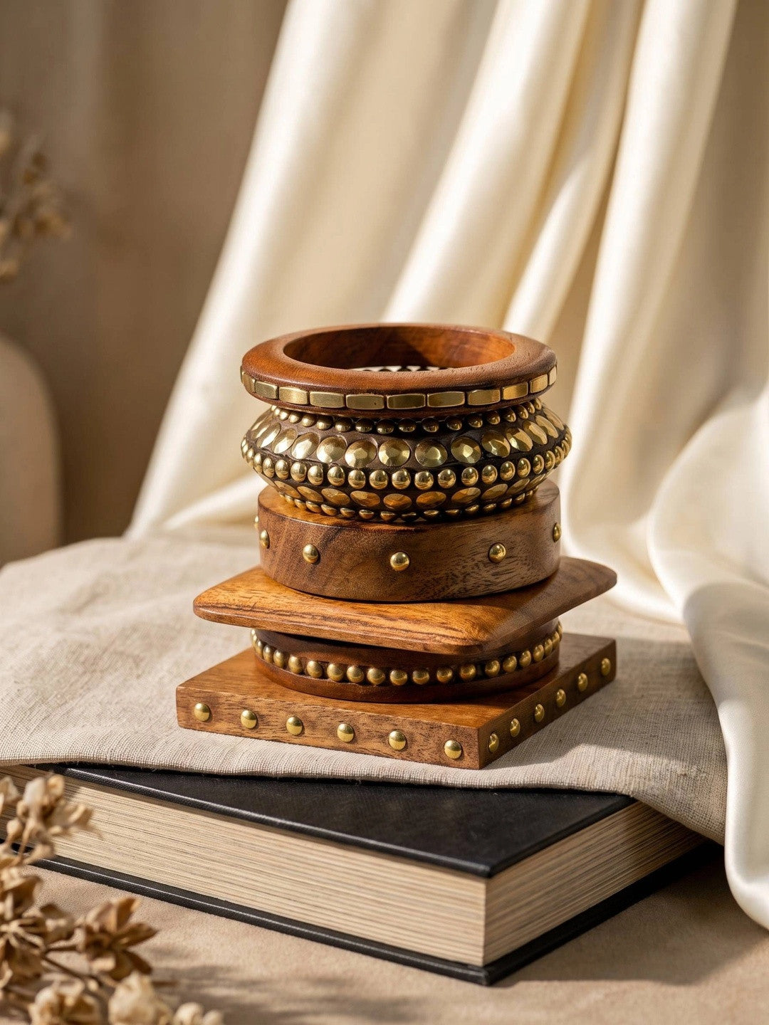 Brass-Studded Wooden Bangles for Women Set of 6