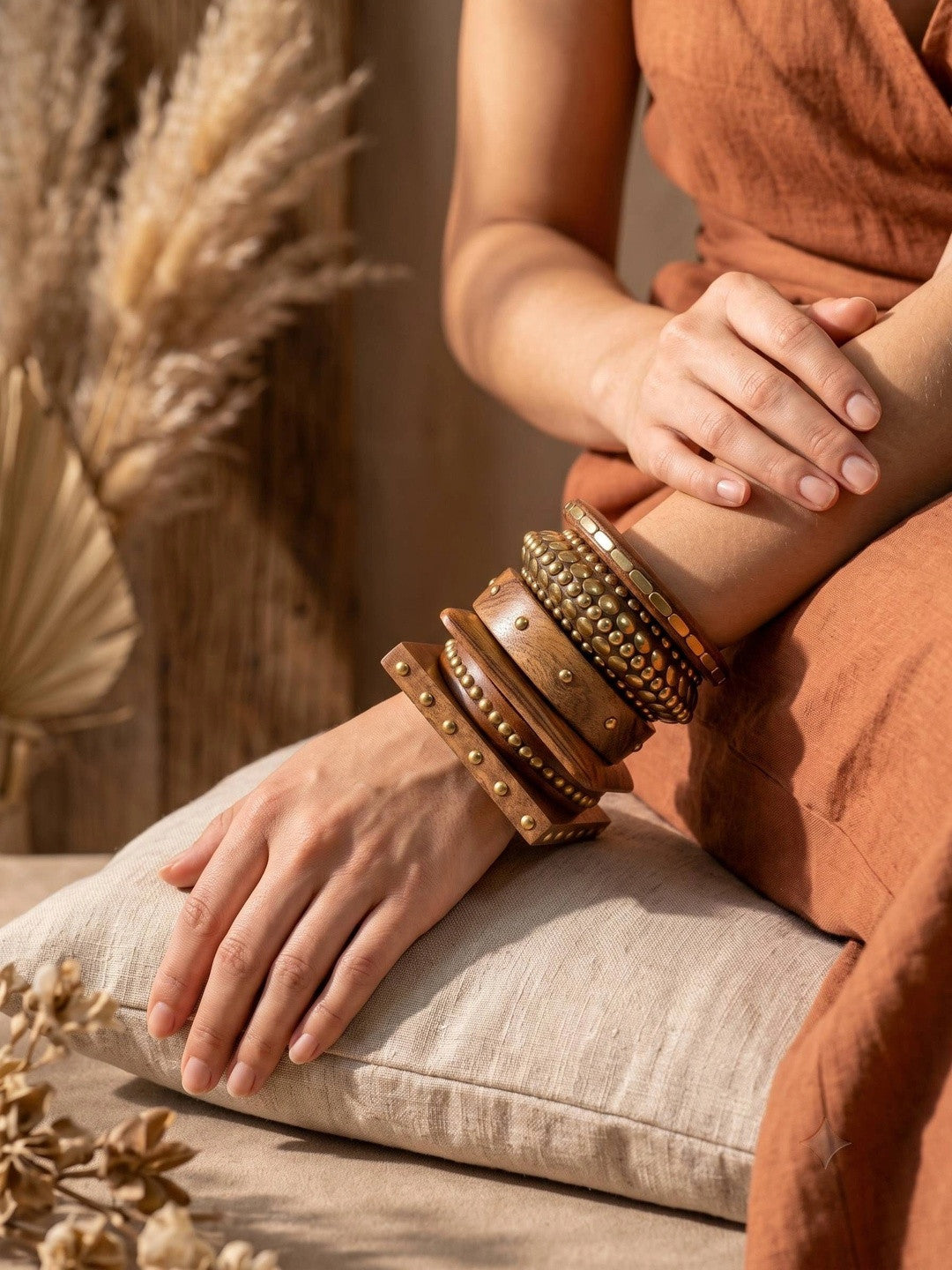 Brass-Studded Wooden Bangles for Women Set of 6