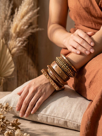 Brass-Studded Wooden Bangles for Women Set of 6