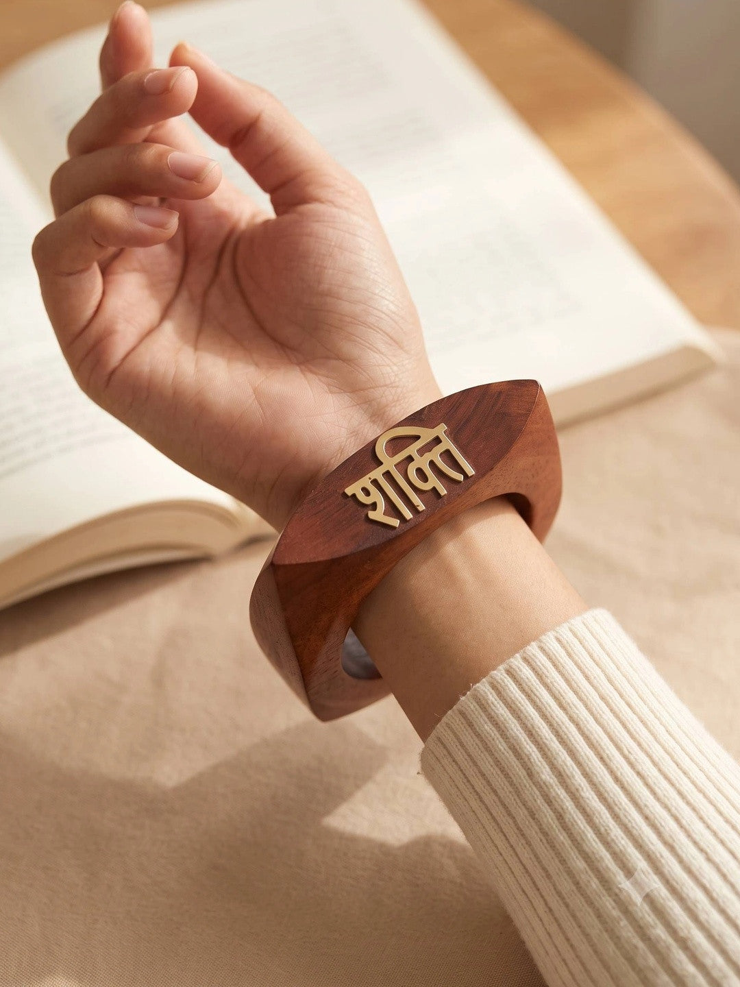 Power- Shakti Engraved Wood Cuff Bangle for Women