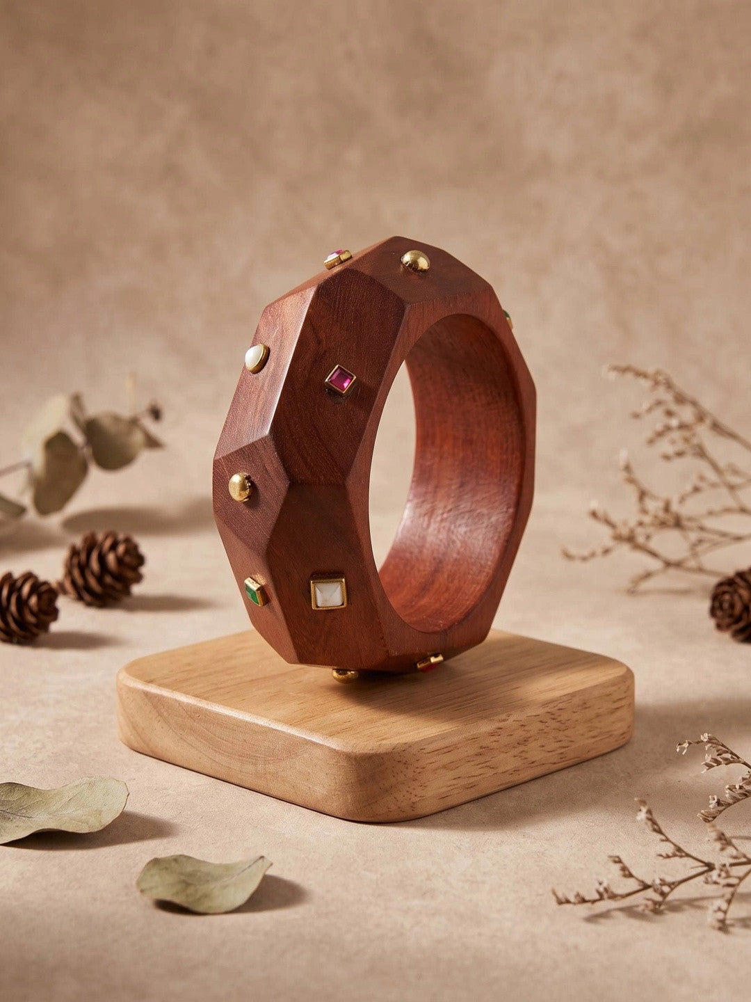 Carved Wood Bangle with Stone Studs for Women