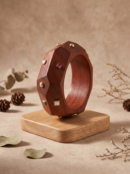 Carved Wood Bangle with Stone Studs for Women