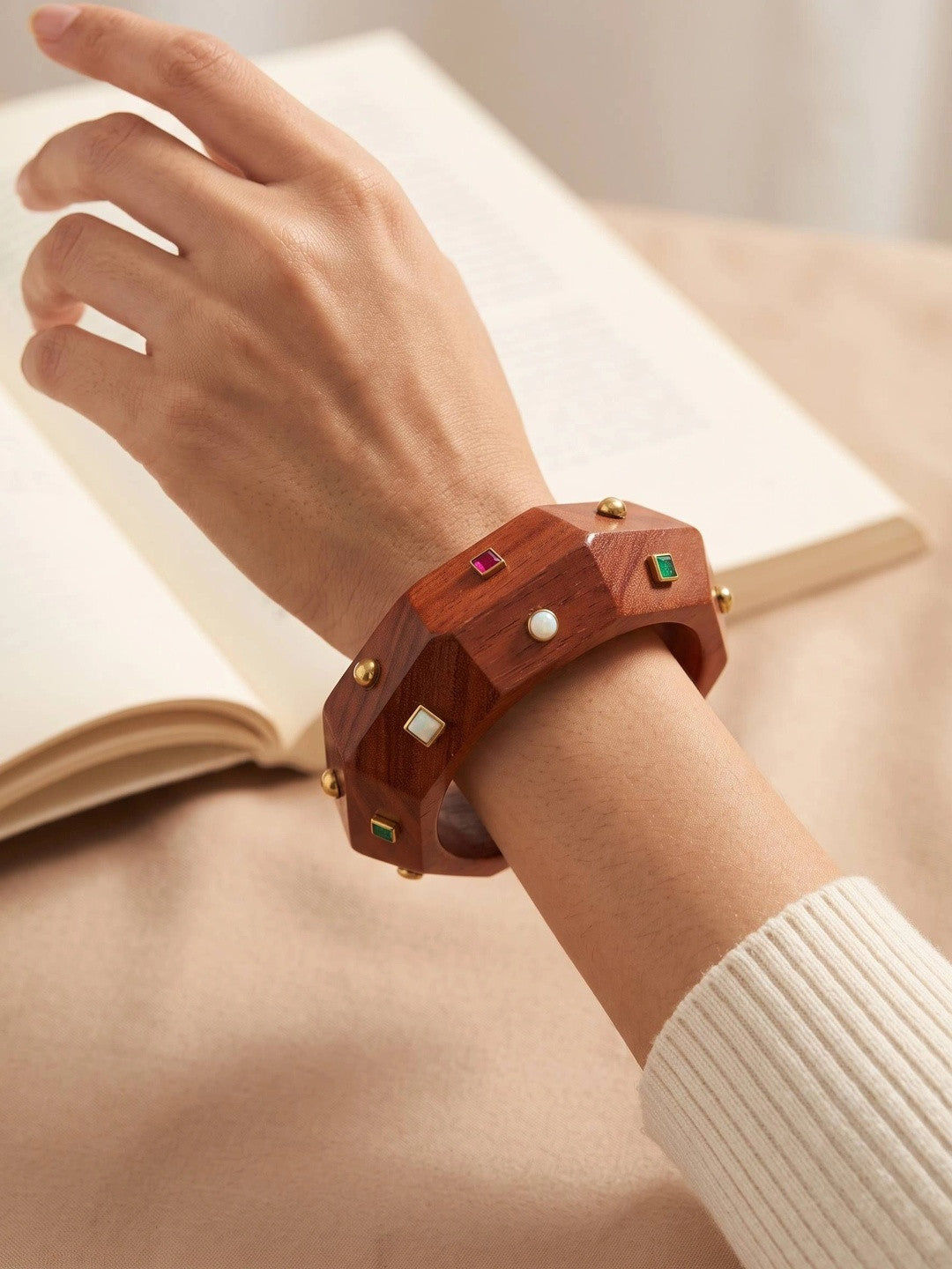Carved Wood Bangle with Stone Studs for Women