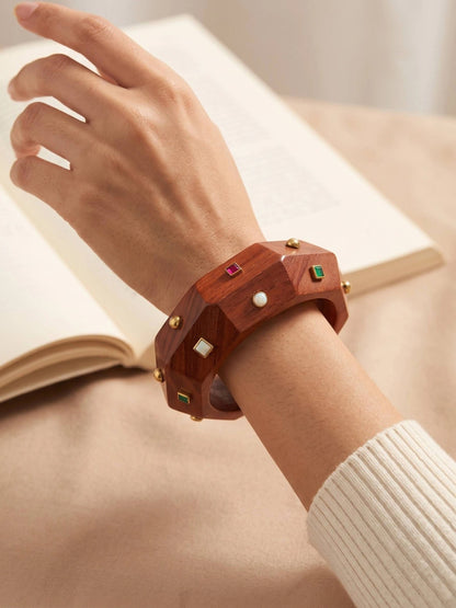Carved Wood Bangle with Stone Studs for Women