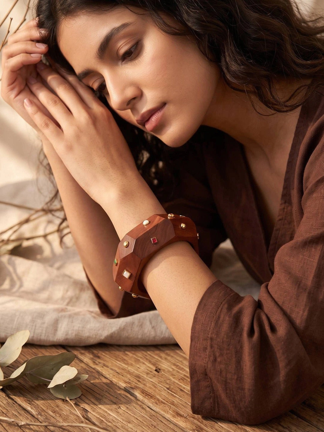 Carved Wood Bangle with Stone Studs for Women