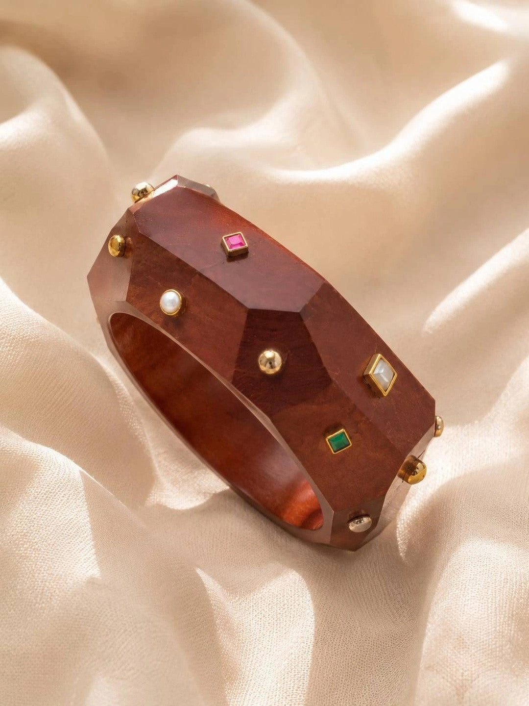 Carved Wood Bangle with Stone Studs for Women