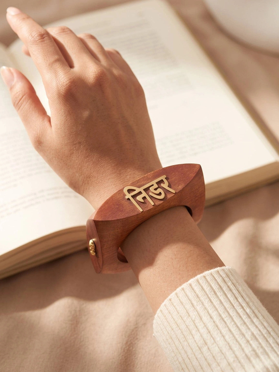 Gold-Tone Nidar- Brave Wooden Cuff Bangle for Women