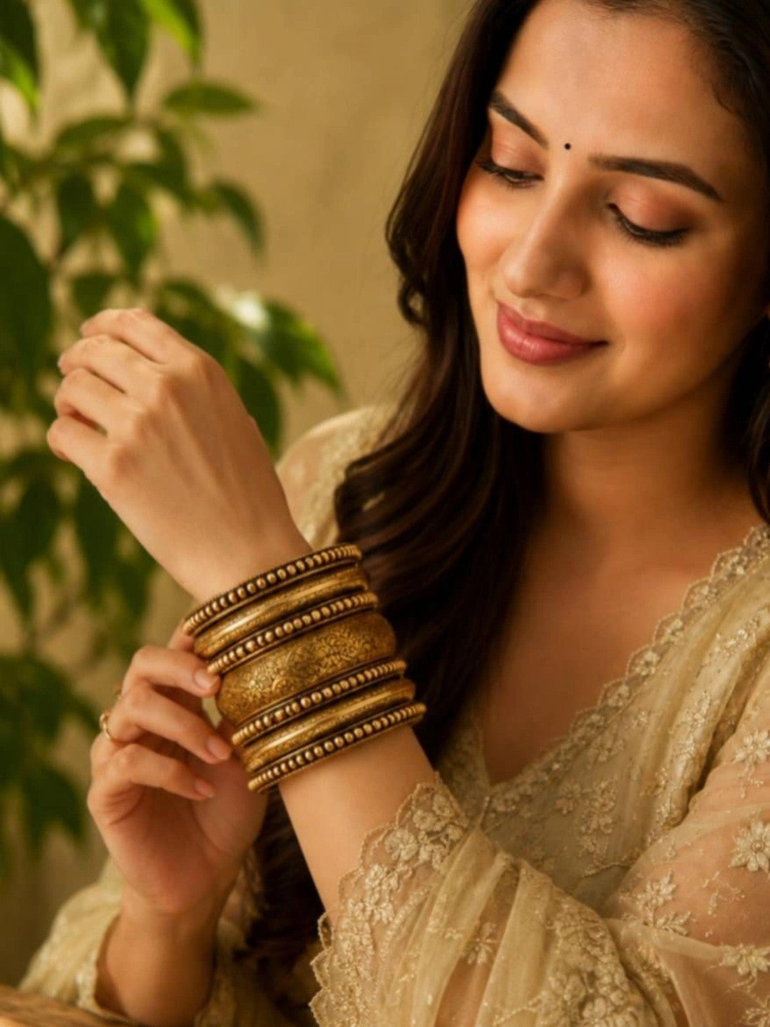 Antique Gold-Plated Engraved Brass Bangles for Women