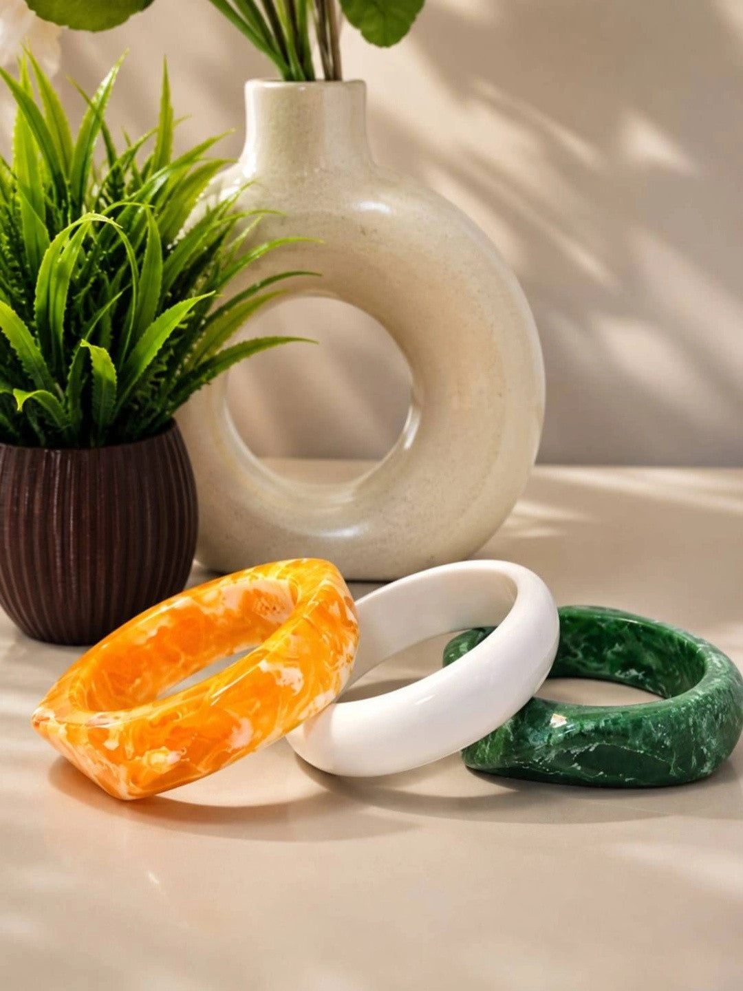 Marble Resin Bangles Saffron White Green Set of 3