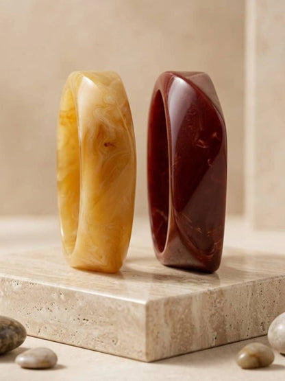 Coffee Marble-Effect Resin Bangles for Women Set of 2