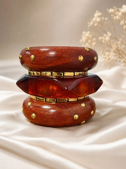 Wood & Resin Gold-Studded Bangle Set of 5