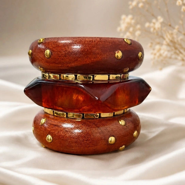 Wood & Resin Gold-Studded Bangle Set of 5