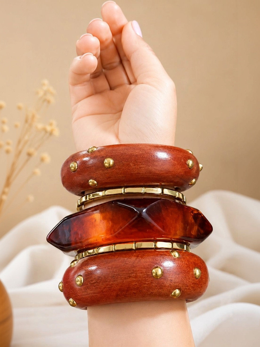 Wood & Resin Gold-Studded Bangle Set of 5