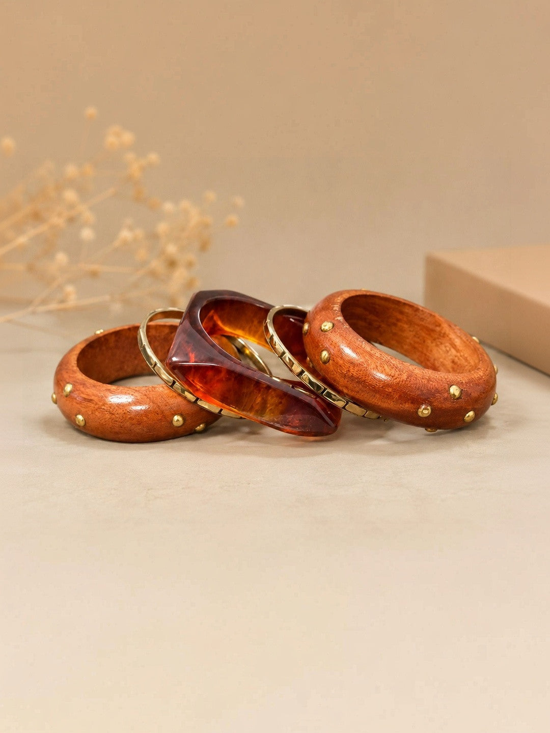 Wood & Resin Gold-Studded Bangle Set of 5