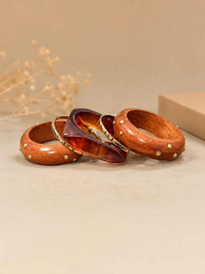 Wood & Resin Gold-Studded Bangle Set of 5