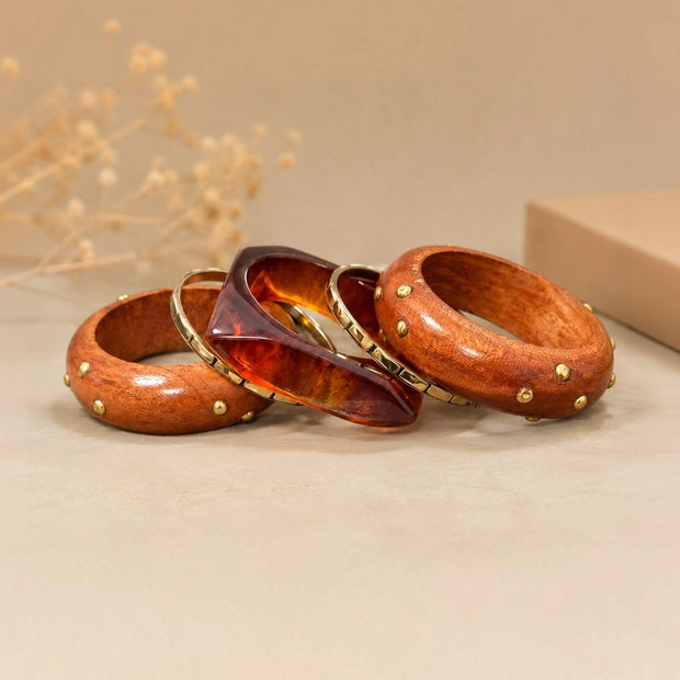 Wood & Resin Gold-Studded Bangle Set of 5