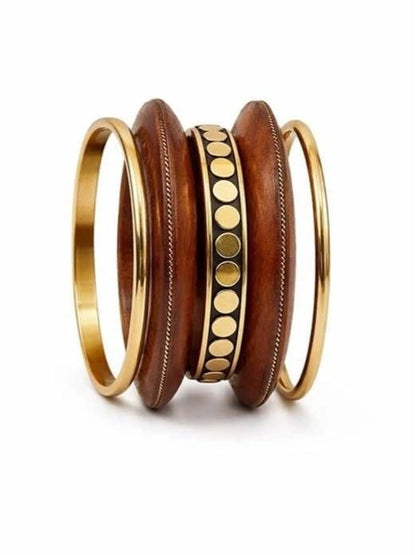 Wood & Brass-Finish Bangle Set of 5