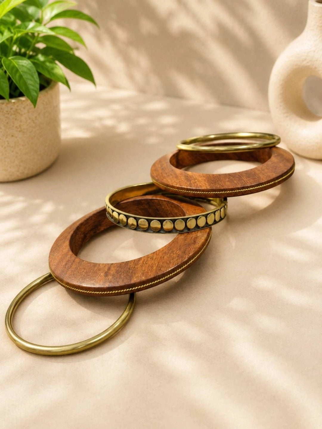 Wood & Brass-Finish Bangle Set of 5