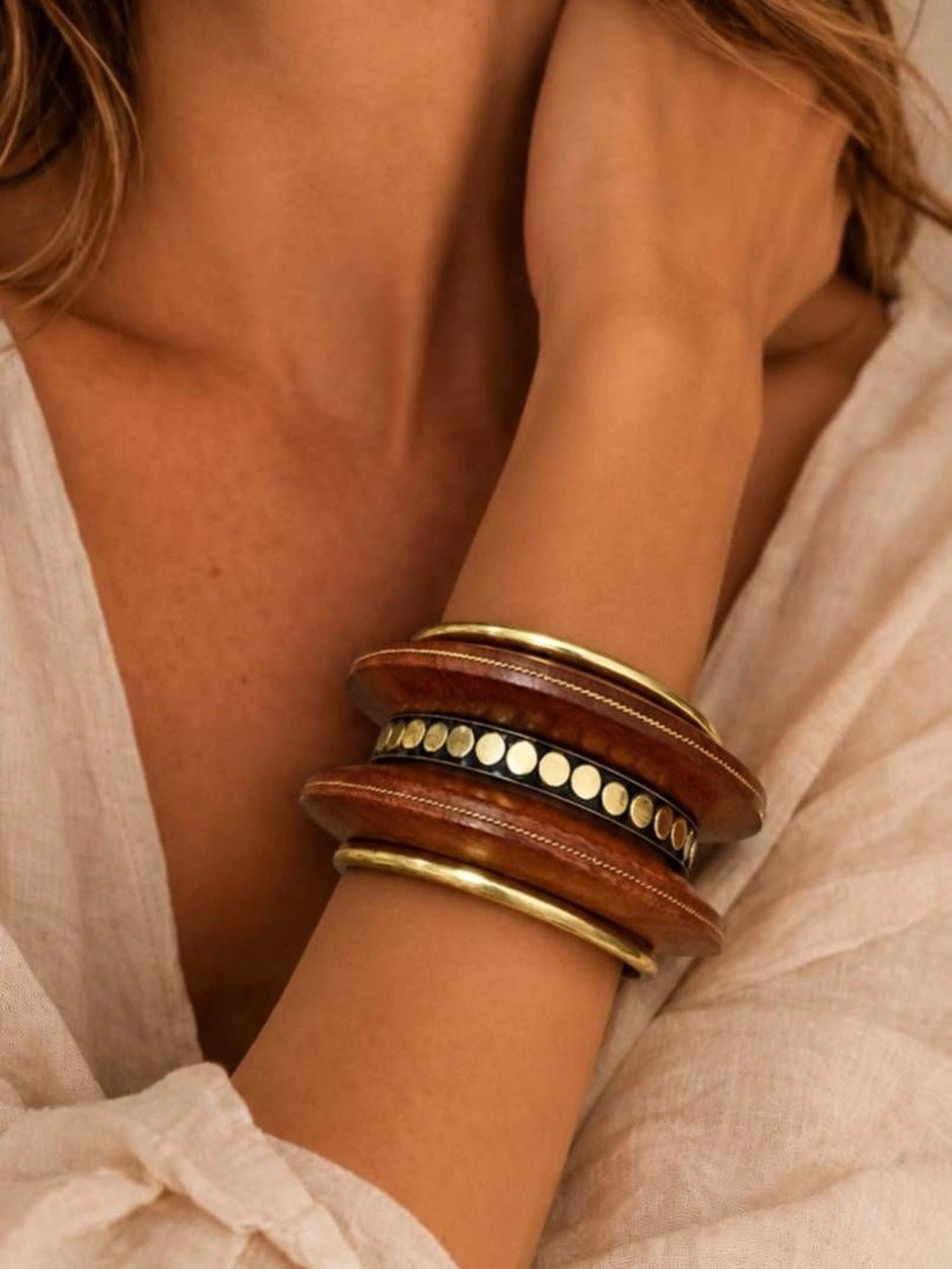 Wood & Brass-Finish Bangle Set of 5