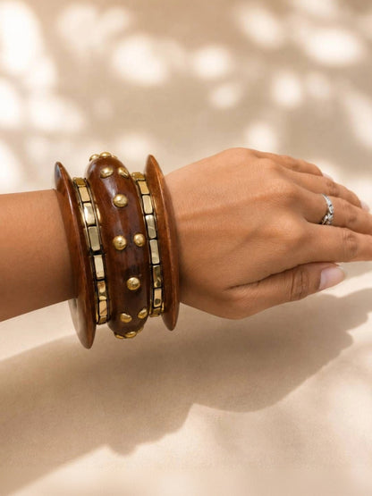 Wood & Gold-Tone Brass Studded Bangles Set of 5