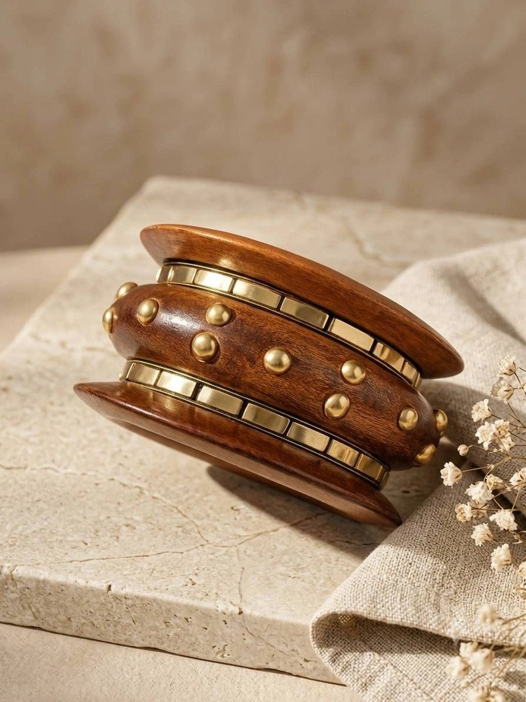 Wood & Gold-Tone Brass Studded Bangles Set of 5