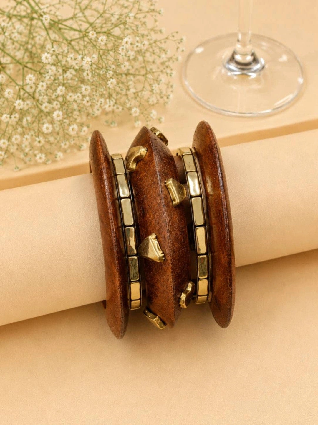 Wood & Gold-Tone Brass Kada Bangles Set of 5