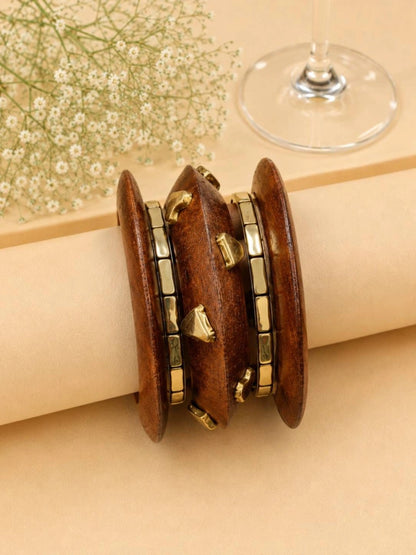 Wood & Gold-Tone Brass Kada Bangles Set of 5