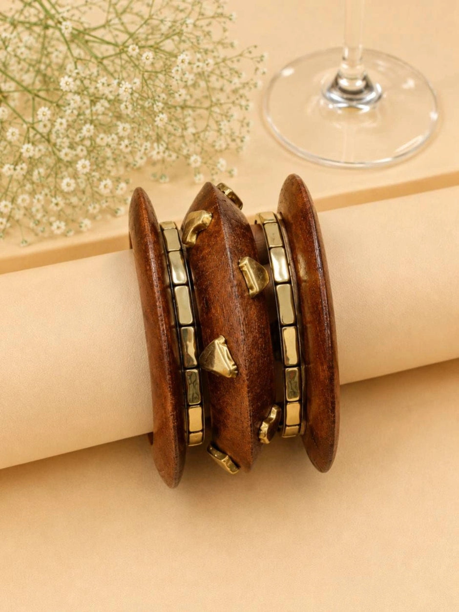 Wood & Gold-Tone Brass Kada Bangles Set of 5