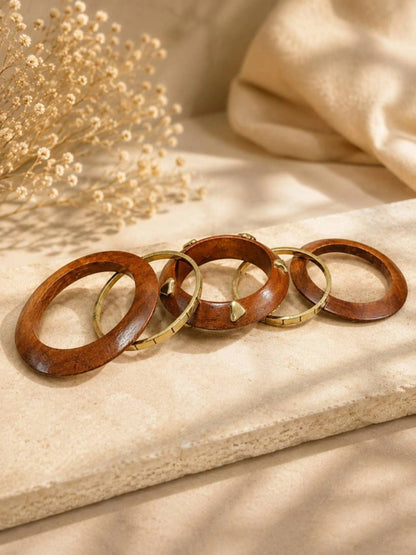 Wood & Gold-Tone Brass Kada Bangles Set of 5