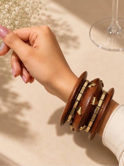 Wood & Gold-Tone Brass Kada Bangles Set of 5