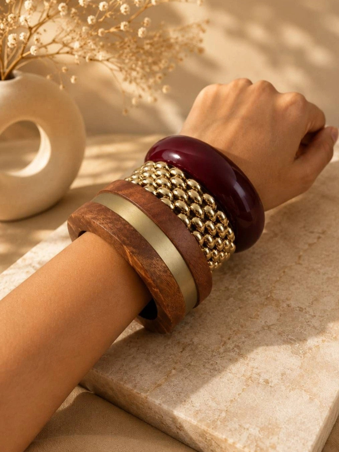 Maroon Resin & Wood Gold-Tone Bangles Set of 3
