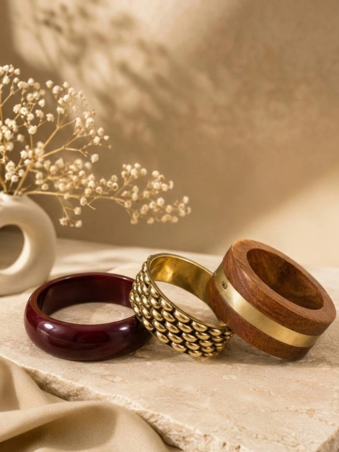 Maroon Resin & Wood Gold-Tone Bangles Set of 3