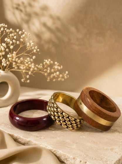 Maroon Resin & Wood Gold-Tone Bangles Set of 3