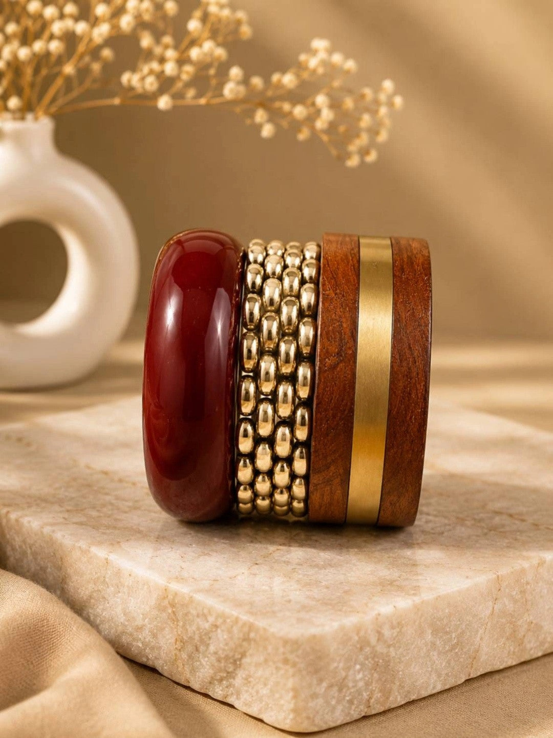 Maroon Resin & Wood Gold-Tone Bangles Set of 3