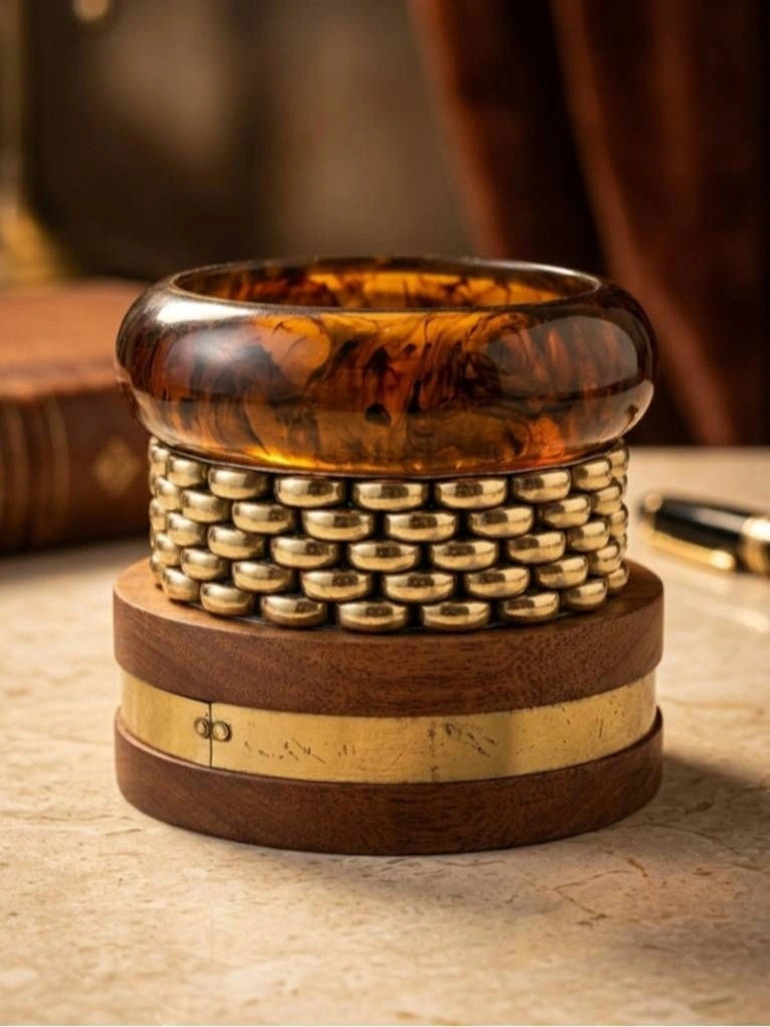 Tortoiseshell Resin & Wood Brass Bangles Set of 3