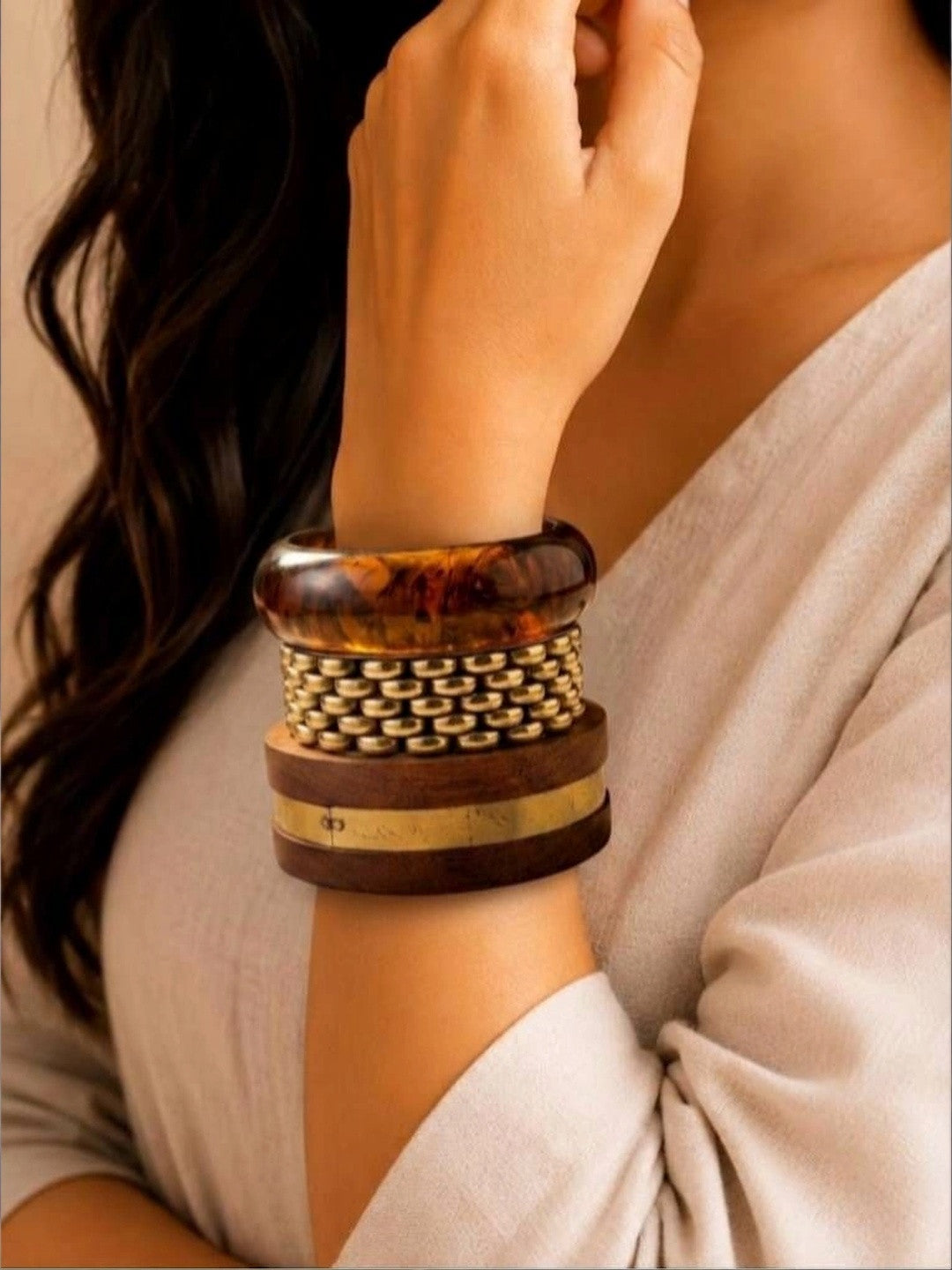 Tortoiseshell Resin & Wood Brass Bangles Set of 3