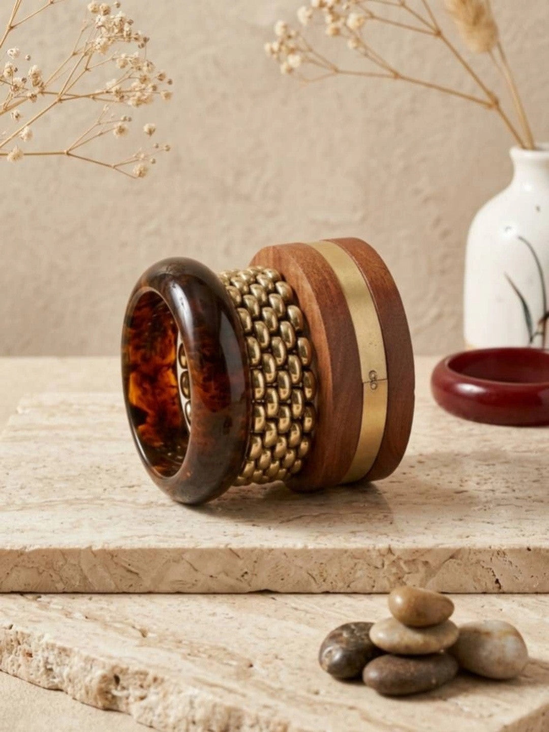 Tortoiseshell Resin & Wood Brass Bangles Set of 3