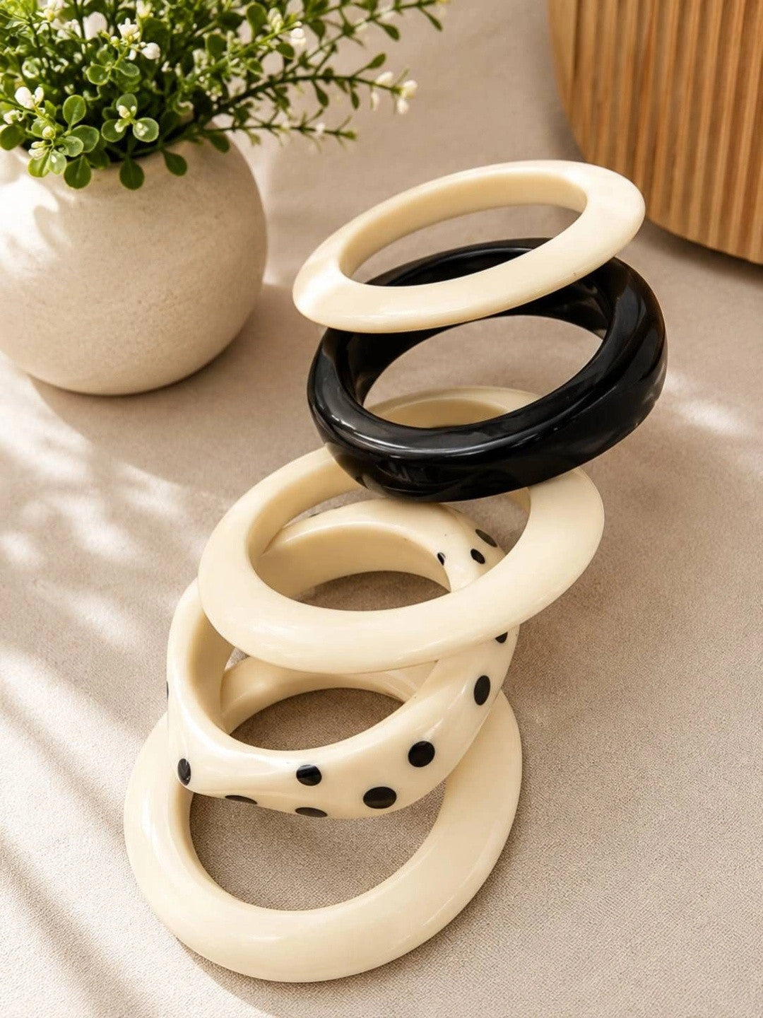 Ivory & Black Resin Chunky Bangles Set of 5