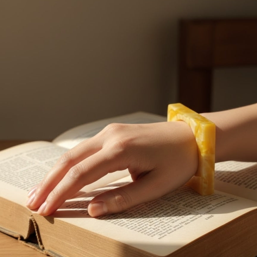 Marigold Yellow Marble Square Resin Bangle- Slim