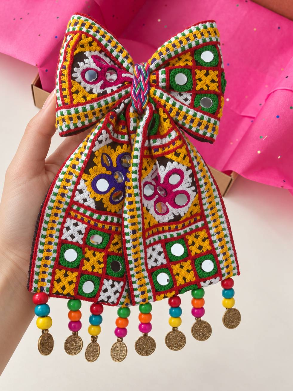 Embroidered Mirror Work Hair Bow Clip for Women