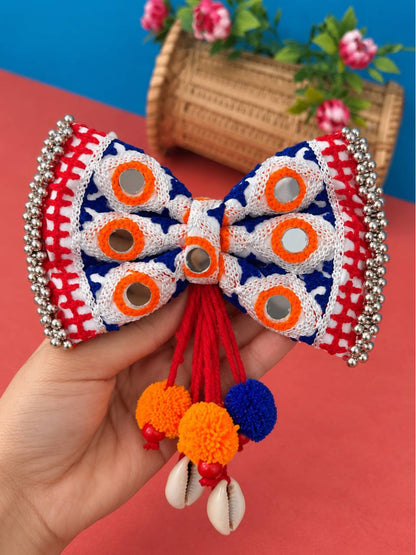 Mirror Work Bow Hair Clip With Pom-Pom & Cowrie