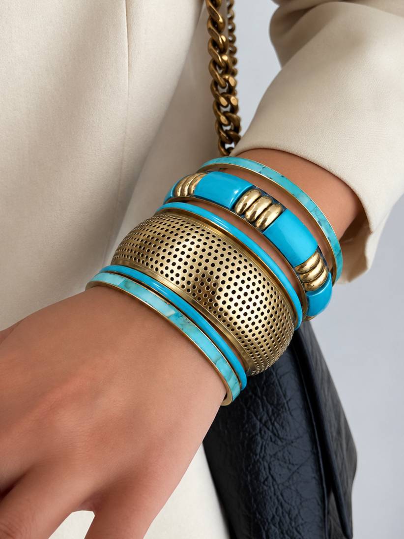 Turquoise Gold-Tone Brass Bangle Stack for Women