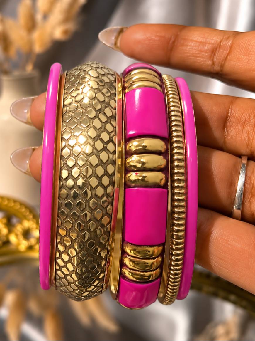 Gold-Tone Pink Enamel Bangle Stack for Women
