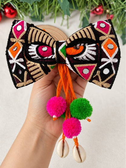 Embroidered Mirror Work Bow Hair Clip for Women