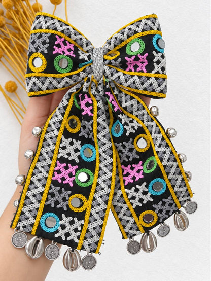 Embroidered Fabric Bow Hair Clip with Mirror Work