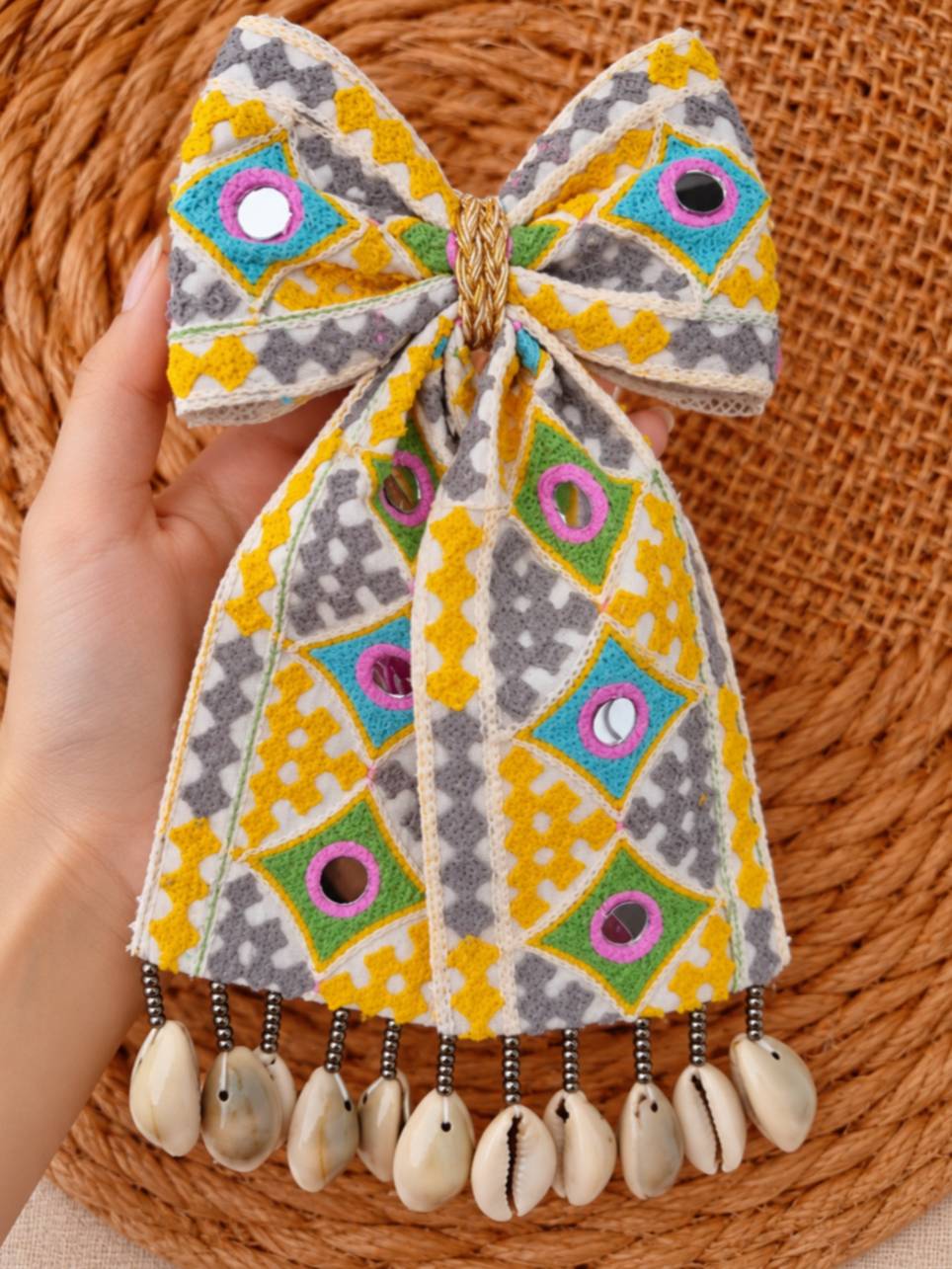 Mirror Work Embroidered Bow Hair Clip with Cowrie Shells